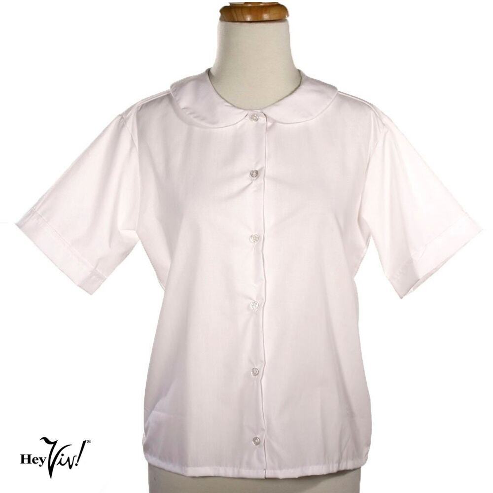 White Peter Pan Collar Short Sleeve Blouse Button Up Poly Cotton Adult Sz Medium - Picture 2 of 7